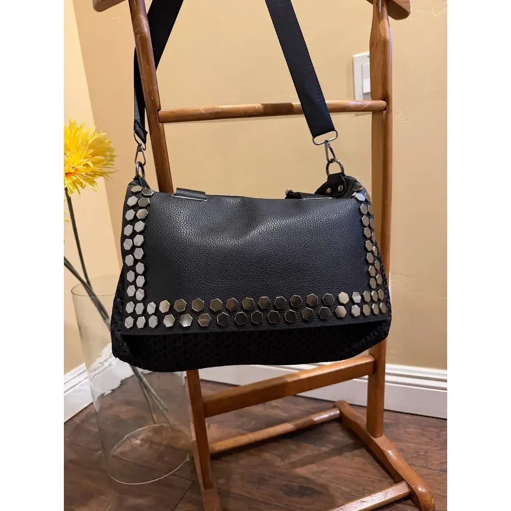 Black Woven & Studded Convertible Crossbody Shoulder Bag - Boho Edgy Satchel